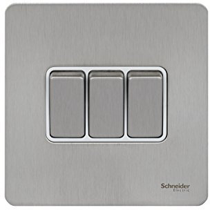Schneider Electric Ultimate Triple 2-way 10ax Plate Switch Screwless Stainless Steel Flat Plate - White Insert