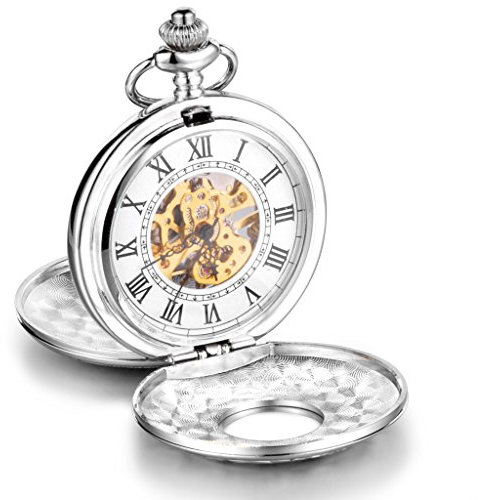Infinite U, grande orologio meccanico da taschino con cassa di alta qualità a doppio coperchio, numeri romani, in acciaio, con lunga collana in argento e con sacchetto regalo, per uomo o donna