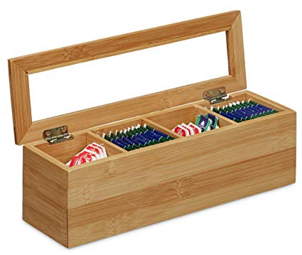 Relaxdays Tee-Box Bambus, 4 Fächer, schmal, Sichtfenster aus Kunststoff, HxBxT: 9 x 30 x 9 cm, klein, länglich, natur