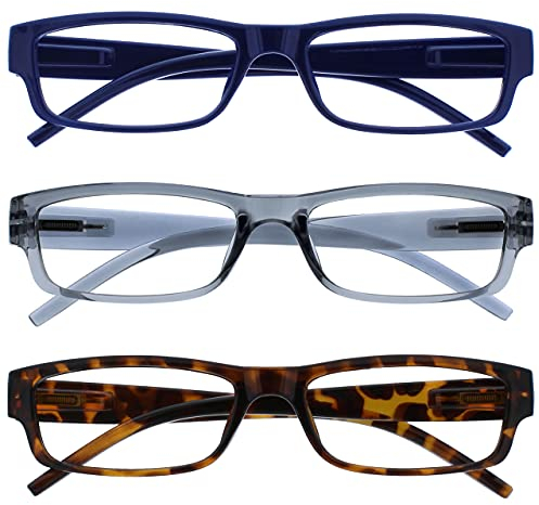 OPULIZE ACE Lesebrille für Damen und Herren - 3er-Pack - Schmaler Rechteckiger Rahmen - Komfort Federscharniere - Kratzfest - Blau Grau Braun Schildpatt +3.00