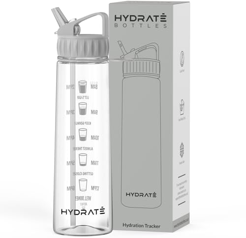 HYDRATE 900ml Water Bottle with Straw - Clear, BPA-free Tritan, Motivational Time Markings for Daily Intake. Ideal Leak-Proof Water Bottle for Gym, Sports, Kids, and Office Hydration - Grey