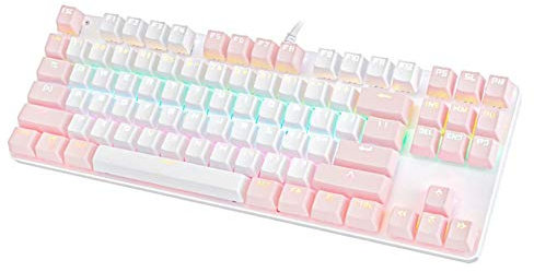 Sytaun Gaming Keyboard USB Wired Floating Keyboard,87 Keys USB Backlight Green Shaft Office Home Gaming Mechanical Keyboard White Pink