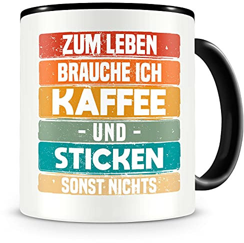 Samunshi® Sticken Tasse mit Spruch Kaffee und Sticken Geschenk für Sticken Fans Kaffeetasse groß Lustige Tassen zum Geburtstag schwarz 300ml
