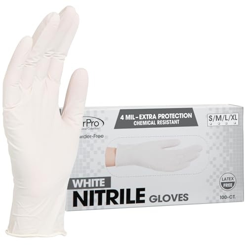 ForPro 100 guanti monouso in nitrile, resistenti agli agenti chimici, senza polvere, senza lattice, non sterili, per uso alimentare, 4 mm, bianco, M