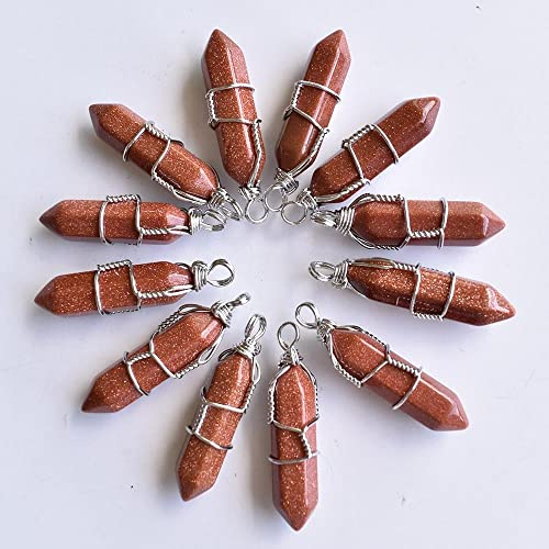 20pcs/lot natural tiger eye stone amethysts pillar shape point handmade iron wire pendants for jewelry making free, Ylllly-6686 (Metal color : Gold sand stone)