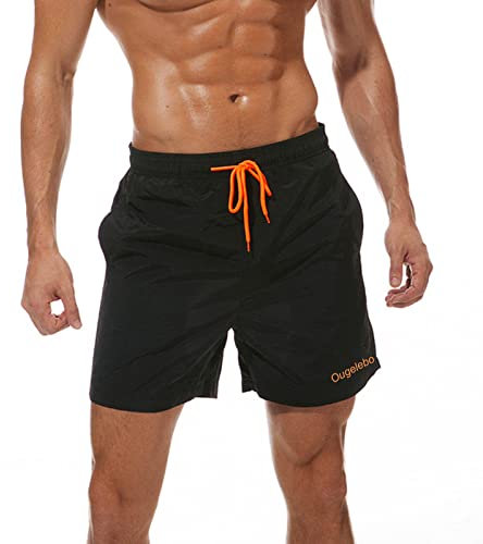Ougelebo Badehose Herren Badeshorts Herren Kurz Männer Schnelltrocknend Schwimmhose Kurze Strandhose Swim Bade Shorts Man Schwarz L