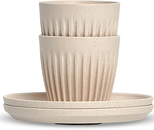 HUSKEE Espresso Cups Set of 2 - Reusable Small Coffee Cups with Unique Fins for Espresso & Macchiato - Insulated Espresso Cups with Saucers Made with Repurposed Coffee Husks - 3 oz., Natural