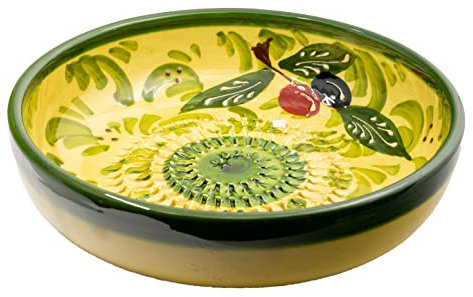 Kaladia - Reibeschüssel/Keramikhobel - ideal zum Gewürze reiben und Servieren von Gerichten - Motiv: Grün mit Oliven - Durchmesser: 19 cm - handgemacht & handbemalt - Made in Spain