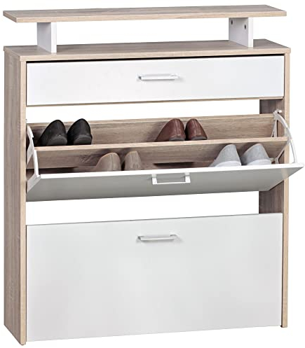 möbelando Schuhkipper Holz 80x95x24 cm Modern Sonoma Eiche | Design Schuhregal Schuhkipper Schmal | Schuhschrank Schuhaufbewahrung mit Schublade | Flurschrank Schuhablage Regal