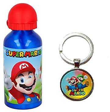 OM SUPPLIES Super Mario Characters Botella deportiva de aluminio 400 ml – Vacaciones, vuelta a la escuela beber agua niños almuerzo niños incluye llavero Super Mario