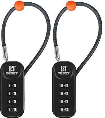 RESET-192 4-stelliges Zahlenschloss mit 10 cm (4 Zoll) Kabel, Reiseschloss für Gepäck, Koffer, Gepäck, Rucksack, Werkzeugkasten, Koffer, Schwarz, 2er-Pack