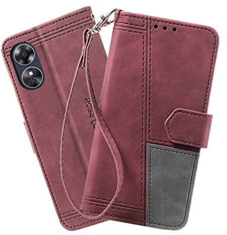 DENDICO Coque Compatible avec Oppo A17 4G, Portefeuille Housse en Cuir PU pour Oppo A17 4G, Magnétique Antichoc Flip Coque, Vin Rouge