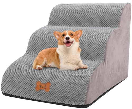 Hundetreppe für Kleine Hunde, 3 Stufen Haustiertreppe für Bett und Sofa aus Hochdichtem Schwamm, Katzentreppe Hunderampe mit Abnehmbarem, Waschbarem Bezug und Rutschfestem Boden, 40 cm Hoch