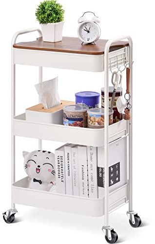 KINGRACK 3 Tier Metal Storage Trolley on Wheels with Removeable Wooden Worktop Trap Table Cover, Beauty Book Craft Tea Art Trolley for Home Bathroom Kitchen Laundry, No screws needed Easy