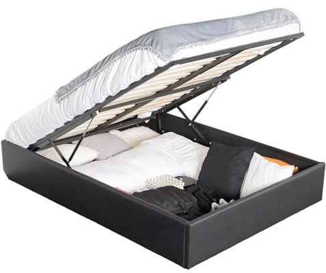 MEUBLE COSY Polsterbett 140x190cm Doppelbett mit Stauraum und Lattenrost Bett aus Kunstleder Bettgestell Bettrahmen Schwarz