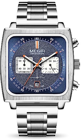 Megir 2182G Montre de Sport rectangulaire à Quartz analogique pour Homme avec Bracelet en Cuir et Acier Inoxydable