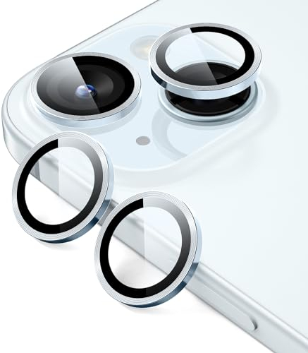 ESR Kamera Schutz für iPhone 15/15 Plus und iPhone 14/14 Plus, Armorite Einzel Linsen Schutzfolien, kratzfestes, ultradünnes gehärtetes Glas mit Aluminiumkante, Armorite-Serie, 2 Stück, HellBlau