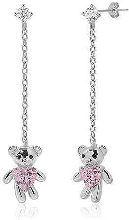 Meissa Silber baumeln Ohrringe für Frauen niedlich Teddybär Tropfen Ohrringe rosa Herz Diamant Ohrringe hypoallergenen Schmuck Geschenk