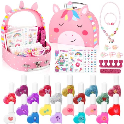 TOGOU2S Nail Polish Set for Girls, Girls Nail Varnish Sets Kids Toys Presents for 5 6 7 8 9 10 11 12, 20 Colors Tear-Off Nail Polish Set with Unicorn Case, Rings, Stickers, Unicorn Nail Salon Game