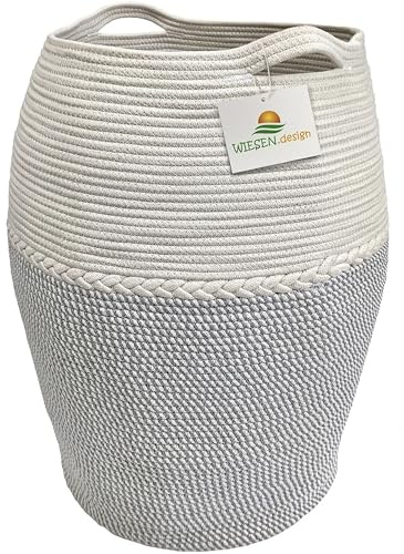WIESEN.design Korb Jamila Ø46/39xH65 cm Hellgrau/Weiß/105 L, Aufbewahrungskorb geflochten aus Baumwolle, Aufbewahrung Kinderzimmer Badezimmer, Korb geflochten, Faltbarer Wäschekorb, Wäschesammler