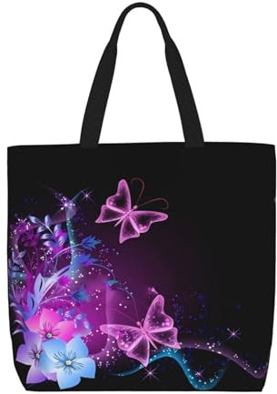 DEHIWI Sac fourre-tout rose violet papillon pour femme, sac à bandoulière décontracté imperméable avec fermeture éclair, sacs à main pour le bureau, le shopping, les voyages, Noir , Taille unique