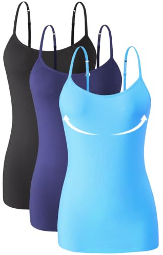 Knuffnee 3 Pack Womens Camisole with Built in Bra Adjustable Strap Tank Tops for Women Cotton Undershirt Cami Black/Dark Blue/Blue S
