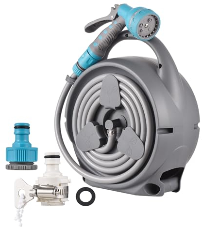Gecheer Schlauchtrommeln,Einziehbare Gartenschlauchtrommel 16M+2.4M Schlauchtrommel mit 7Funktions mini tragbare Sprühdüse/Adaptern,schlauchtrommel für die Garten/Hofbewässerung/Autowäsche