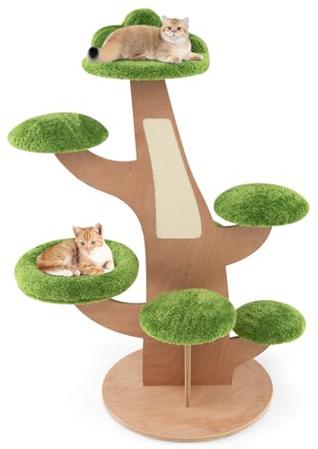 COSTWAY 128 cm Kratzbaum Holz, Katzenkratzbaum mit Nest & Liege & 5 Plattformen & Kratzplatte, Katzenbaum in Baumform, Katzen Aktivitätsbaum Kletterbaum, Katzenmöbel Kätzchen, Grün+Braun