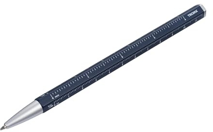 TROIKA Multitasking-Kugelschreiber mit schwarzer D1 Mine – CONSTRUCTION BASIC – Zentimeter-/Zoll-Lineal, 1:20/1:50 Skala – einfacher Minenwechsel – Aluminium, Metall – dunkelblau, silberfarben