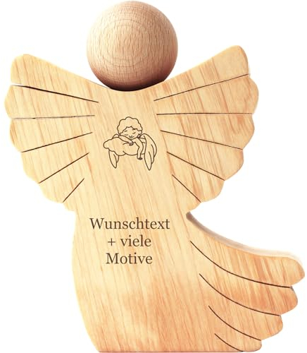 Geschenkissimo Sternenkinder Engel aus Holz mit Gravur - Name, Datum, Spruch + Motiv – Engel für Sternenkind, Grabschmuck, Trauerschmuck, Trauergeschenk, Trostgeschenk