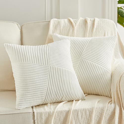 FDTERN 2er Set Creme Weiß Boho Dekorativ Kissenbezug 40x40 mit Diagonales Gestreiftes Muster Weich Kordsamt Kissenhülle Sofakissen Dekokissen Deko für Sofa Schlafzimmer Wohnzimmer