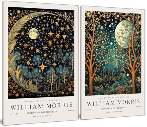 William Morris Leinwand-Kunst-Set, 2er-Set, Vintage-Mond und Sterne, Poster, Gemälde, Kunst, gerahmt, botanische Kunst, Wanddekoration für Schlafzimmer, Küche, Wohnzimmer, Büro, 40,6 x 61 cm