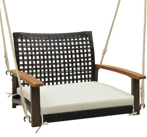 LIFEZEAL Rattan Schaukel für Garten, Hängesessel aus Weide mit abnehmbarem Kissen & Rückenlehne, Hängesitz Hängestuhl für Veranda mit 2 Seilen zum Aufhängen, Tragkraft 180 kg