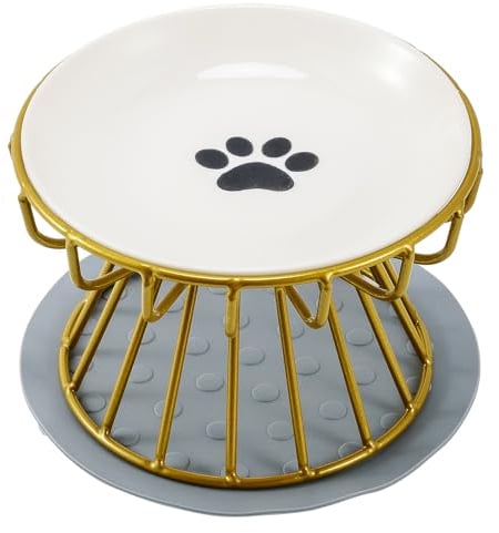 Ceramic cat bowl with iron Stand, pet bowl with anti slip pad, cat food container dish (Gold Stand + Cat Paw Dish)