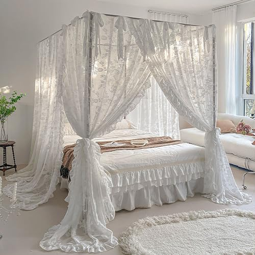 BAILEYU Princess Mosquito Mesh Net for Bed 4 Poster White Bed Canopy with Round Lace Ideal for Bedroom Decorative or Theme Party (Poles Not Included),White, 1.8 * 2.0m