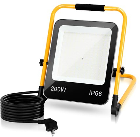 Jopassy 1 x 200W LED Baustrahler Flutlicht Baulampe 16000LM, 6000K Arbeitsscheinwerfer Arbeitsleuchte Strahler Faltbarer Ständer für Baustelle