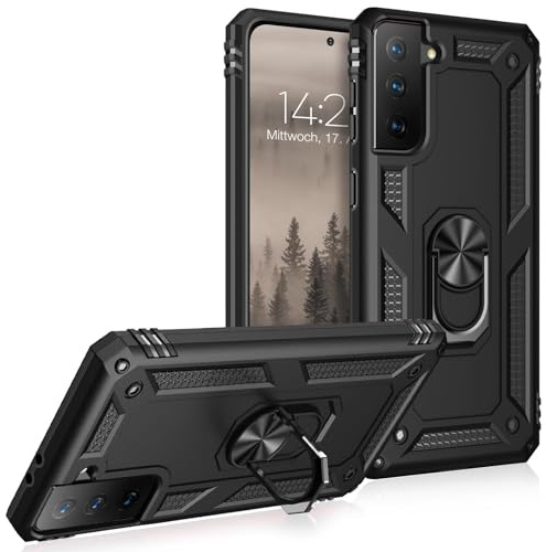 LBH Outdoor Hülle für Samsung Galaxy S21 Armor Militär Stoßfest Handyhülle 360 Grad Metal Ring Halter Ständer Schutzhülle für Handyhalterung Auto Magnet Schwarz