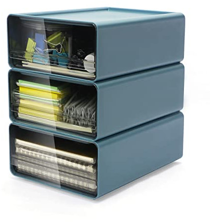 OSTWOLKE Schreibtisch Organizer mit Schubladen Acryl 3 Stück, Schubladenbox Stapelbar, Büro Organizer Aufbewahrungsbox für Stifte, Radiergummi und Anderes Bürozubehör, Transparent Blau