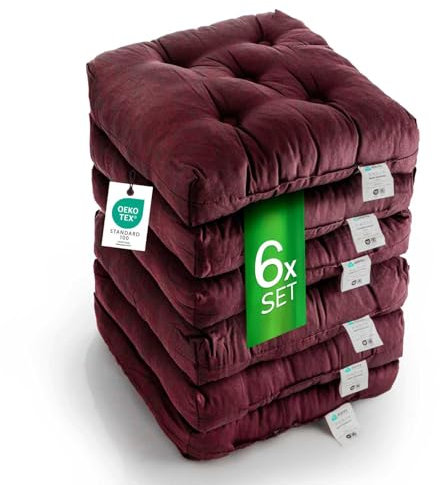 etérea Sitzkissen 42x42 cm 6er Set - Bordeaux 8 cm hoch - Bodenkissen für Indoor, Outdoor, Küche, Garten, Auflage - Heidi Stuhlauflage - 6 Stück Stuhlkissen 40x40 cm Bordeaux