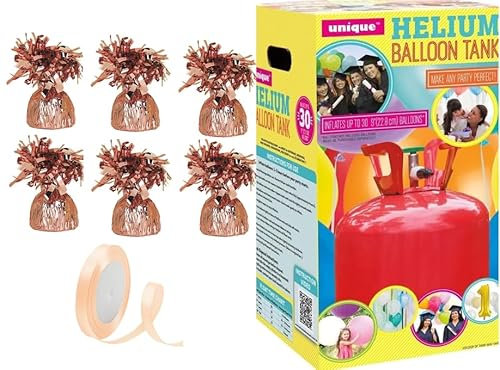 helium balloon canister with balloon weights and Ribbon (Rose Gold, Small Canister)