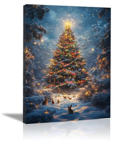 AMXBZC Multi Natale Pictures Quadri su Tela, Albero di Natale Animali Soggiorno Home Decor, Quadro su tela vintage, Decorazione parete per opere d'arte moderna-80x120cm Incorniciato