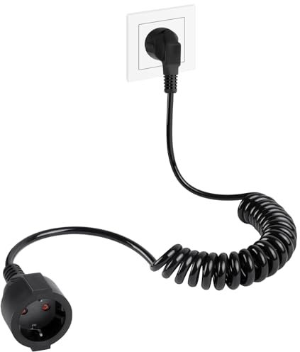 AXFEE Cable de Extensión, Cable Espiral de Contacto de Protección Extensible de 0,2 m A 2 m Máx, Cable de Alargador IP20(230V/16 A), Cable En Espiral Extensible, con Enchufe y Acoplamiento, Negro
