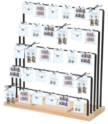 Yallmie Earring Display Stand For Selling, Jewellery Display Stand Wood 5 Tier Jewellery Stand Display, Earring Rack Display with 35 Hooks Jewelry Display For Vendors with Wooden Storage Tray