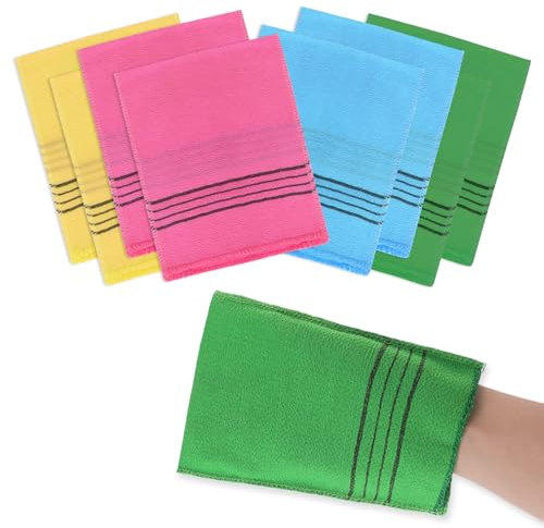 Wanmu 8 Stück Koreanisches Peeling-Handschuh, Koreanische Italienische Peeling-Handtücher, Italienische Handtücher zum Peeling abgestorbener Haut (Gelb Blau Pink & Grün)