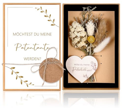 Hestya Möchtest Du Meine Patentante Werden - Patentante Fragen Geschenk Set inklusive Getrocknete Blumen, Grußkarte, Herzförmiges Holzschild mit Geschenkbox Original Taufpatin Geschenke