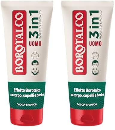Borotalco, Doccia Shampoo Uomo 3in1 Corpo, Capelli e Barba, Profumo Originale, Corpo, Capelli e Barba Puliti, Morbidi e Profumati, Dermatologicamente Testato - 200 ml (Confezione da 2)