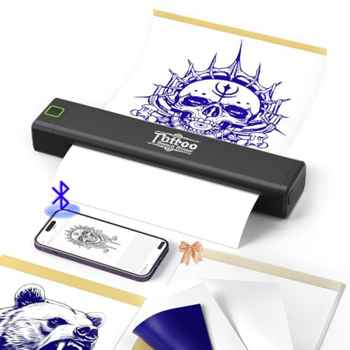 BORN4SHIP Tattoo Drucker Bluetooth, Tattoo Stencil Drucker, P84 Tattoo Printer Thermodrucker mit 10 Blatt A4 Transferpapier, Kompatibel mit Android iOS macOS Windows