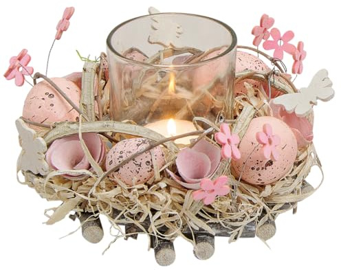 Osterkranz Ostergesteck Rosa Eier mit Teelichtglas - Osterdeko in pink mit Schmetterling und Blumen, Tischdeko Ostern, Osterkerze