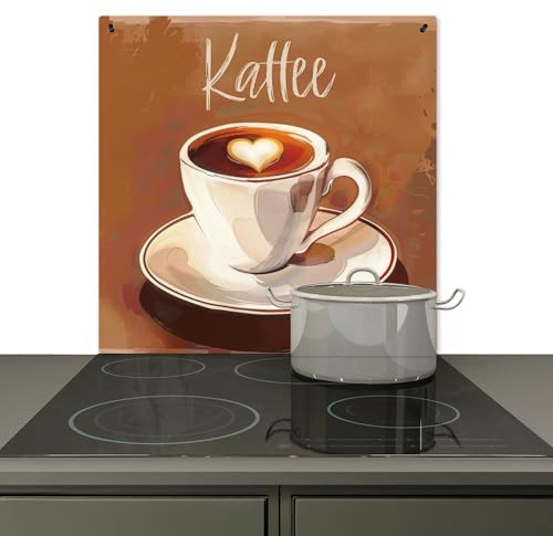 KitchenYeah© Spritzschutz Küchenrückwand Vinyl Küche Deko Wandschutz | 78x78 cm - Wandverkleidung, Herdabdeckplatte Kaffee - Tasse - Herz - Braun