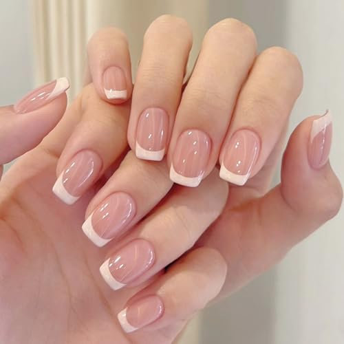 24Pcs French False Nails Short - Classic White & Pink Square Pattern Fake Nails with Adhesive - Fashionable French Style